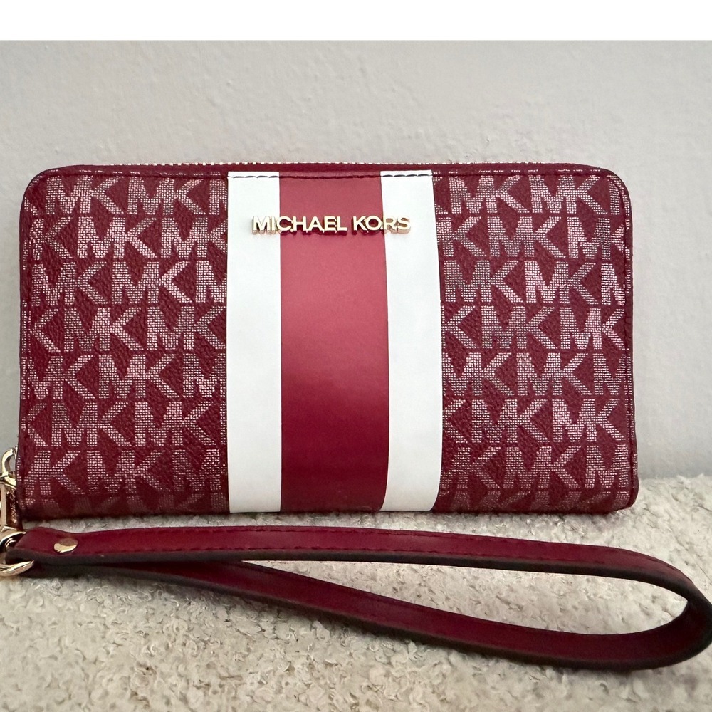 Michael Kors Burgundy Monogram Stripe Satchel Crossbody Bag and Wallet Wristlet - Picture 13 of 16